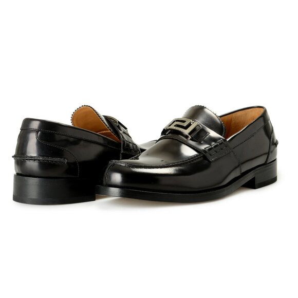 Versace Men\'s Silver Logo Black 100% Leather Slip On Loafers Shoes US 7 IT 40